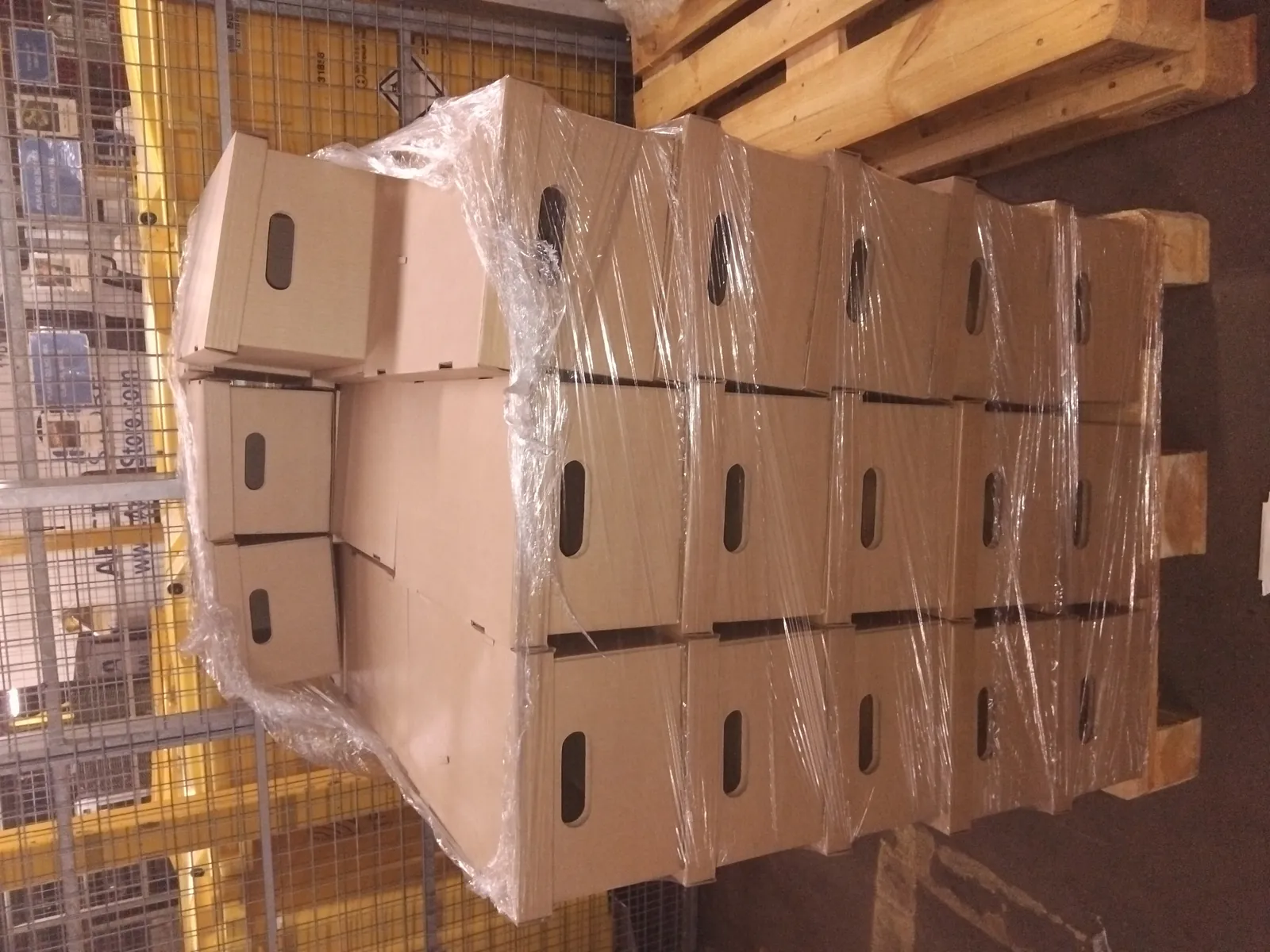 Shrink-wrapped pallet of cartons on a wooden pallet ready for Red Eagle Logistics same-day pallet delivery